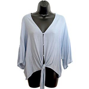 Lulu's Light Blue Tie-Front Button-Up Top - Fits Like a Medium
